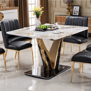 Wooden Modern Home Natural Marble Stainless Steel Dining Table